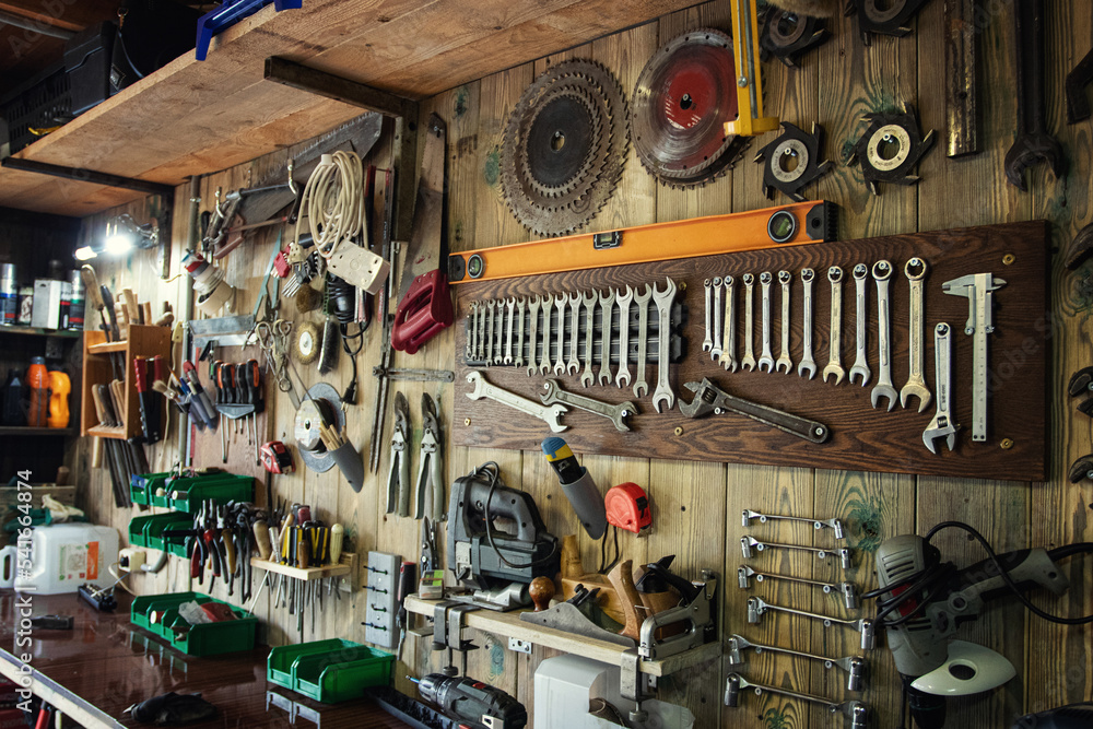 Inside of a tool shed, tool organizations